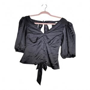 Abercrombie & Fitch Satin Puff Sleeve Tie-Back Button Top XS Black